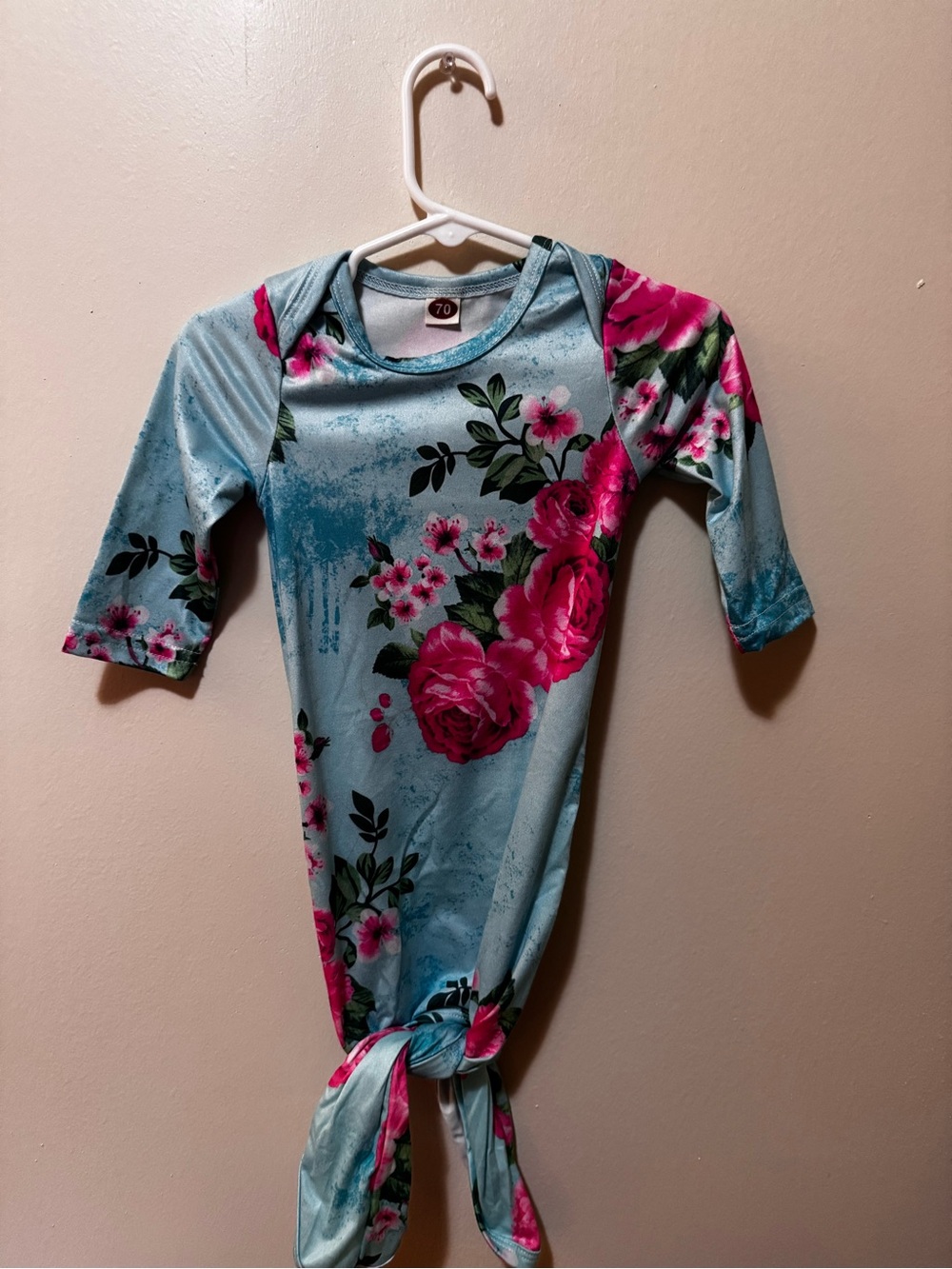 Blue Floral Tie-Knot Baby Gown with Pink Roses